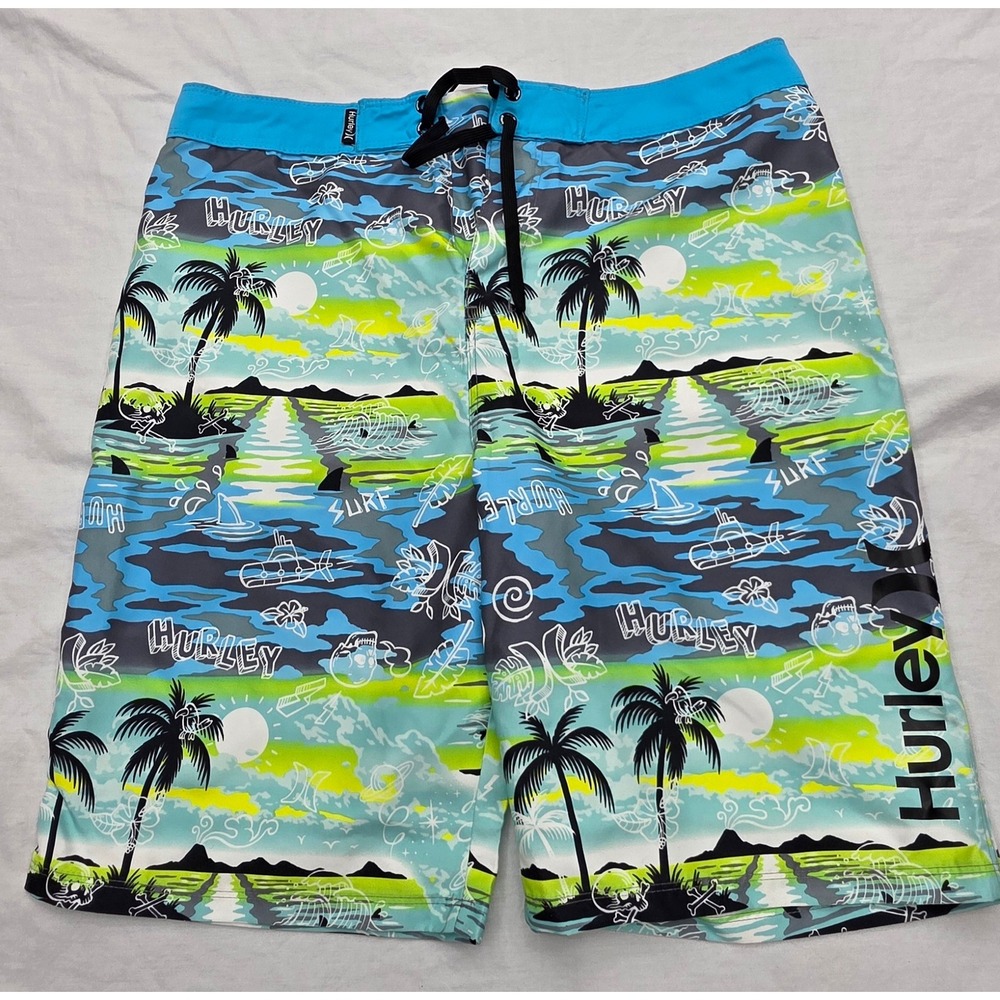 Hurley Board Shorts Mens 30 Blue Neon Green‎ Tropical Surf Swim Trunks 6769-BCB